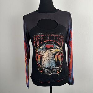 Affliction Top Womens Size Medium American Custom Blue Flame Mesh Sleeve Biker
